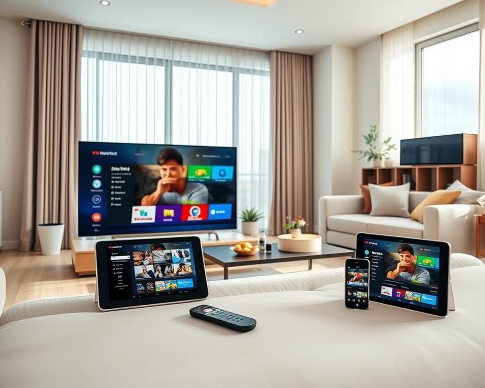 A bright and modern living room scene showcasing the installation of IPTV Smarter Pro on various compatible devices. In the foreground, a sleek Smart TV displaying the IPTV interface, with a tablet and smartphone beside it showing similar content for a cohesive look. The middle ground features a stylish coffee table with a remote control and snacks, enhancing the inviting home atmosphere. In the background, large windows allow natural light to flood the space, highlighting soft curtains and tasteful decor. The room has a warm, welcoming vibe, with smooth lines and a tidy layout. Use soft lighting to create an inviting mood, emphasizing a sense of ease in technology setup. An angle from slightly above captures the harmony of the scene without any people featured.
