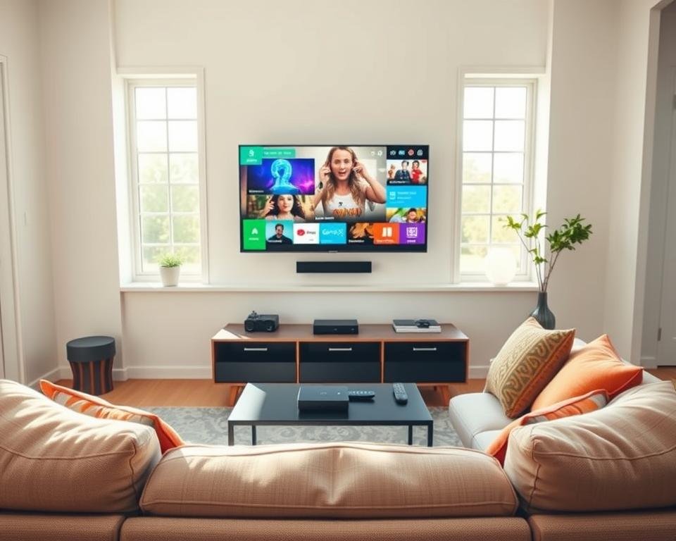 A bright, welcoming living room featuring a simple, modern television setup. In the foreground, a sleek TV sits mounted on a wall, displaying vibrant content. A cozy couch with neutral tones is positioned directly in front of the television, adorned with colorful throw pillows. In the middle, a stylish entertainment console holds various electronic devices, like a streaming box and remote controls, neatly organized. Soft, natural light streams in from large windows, creating a warm and inviting atmosphere. The walls are painted in a light color to enhance brightness. The mood is relaxed and inviting, showcasing the ease of installation and functionality of IPTV services for a contemporary lifestyle.