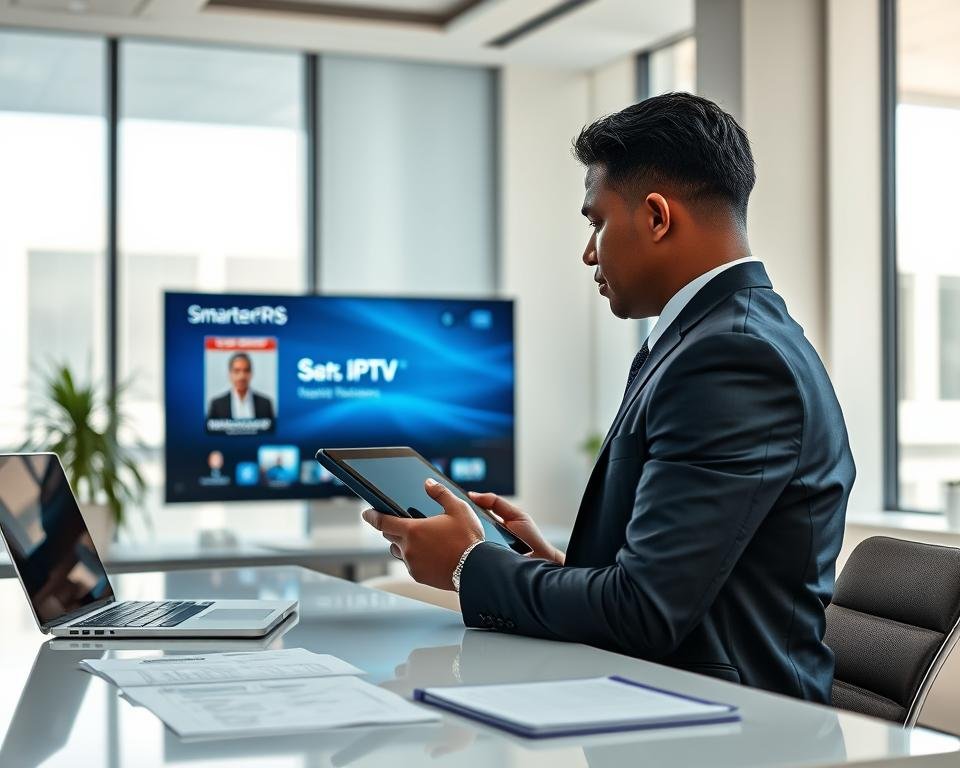 A clean and modern office environment featuring a professional individual in business attire, focused and engaged while troubleshooting a digital device displaying the Smarters IPTV interface. The foreground shows the individual, a person of diverse ethnicity with short dark hair, attentively examining the screen and utilizing a tablet for problem-solving. In the middle ground, a sleek desk with a laptop, paperwork related to IPTV services, and a notepad with notes. The background is softly blurred, depicting a bright office space with large windows letting in natural light, creating a calm and productive atmosphere. The overall mood is one of clarity and determination, emphasizing the theme of resolving IPTV issues effectively.