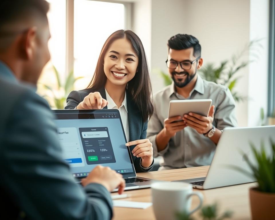 A clean and modern workspace featuring a diverse group of professionals engaged in a seamless subscription process for an IPTV service. In the foreground, a smiling Asian woman in business attire points to a sleek laptop displaying an intuitive subscription page. To her right, a Middle-Eastern man in a casual shirt smiles as he looks at a tablet showing various pricing plans. In the background, a bright office window allows natural light to illuminate the room, creating an inviting atmosphere. Soft-focus plants add greenery to the scene. The image should evoke a sense of efficiency, security, and professionalism, with a warm color palette encouraging engagement and trust in the subscription process.