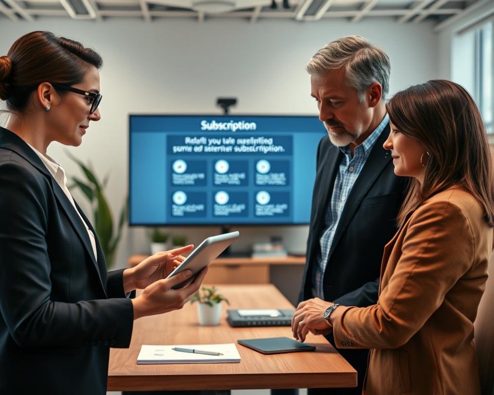 A clean and modern workspace featuring a diverse group of professionals focused on a simplified subscription process. In the foreground, a smartly dressed woman with glasses is guiding a middle-aged man using a tablet, illustrating the ins and outs of the subscription service. In the middle, a large screen displays a user-friendly interface with simplified steps for subscription. The background features an organized office with plants, soft lighting, and a stylish desk with stationery. The atmosphere is collaborative and informative, emphasizing clarity and efficiency in the subscription process. The image is well-lit, conveying a sense of professionalism, with a slight focus blur on the background to keep attention on the interaction in the foreground.