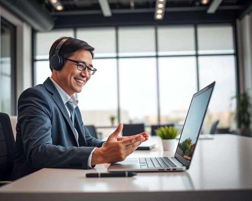 A close-up of a professional customer service representative in a modern office setting, confidently reviewing IPTV service guarantees on a laptop screen. The foreground features a clear focus on the representative, dressed in smart business attire, with a warm smile and engaged demeanor. In the middle, a sleek, well-organized desk with essential office tools and a small plant adds to the professional vibe. The background showcases a bright, contemporary office with large windows allowing natural light to flood in, creating an inviting and trustworthy atmosphere. Soft, diffused lighting enhances the scene, emphasizing the representative's positive energy while exuding a sense of reliability and assurance in IPTV service. The overall mood is professional, reassuring, and customer-focused.