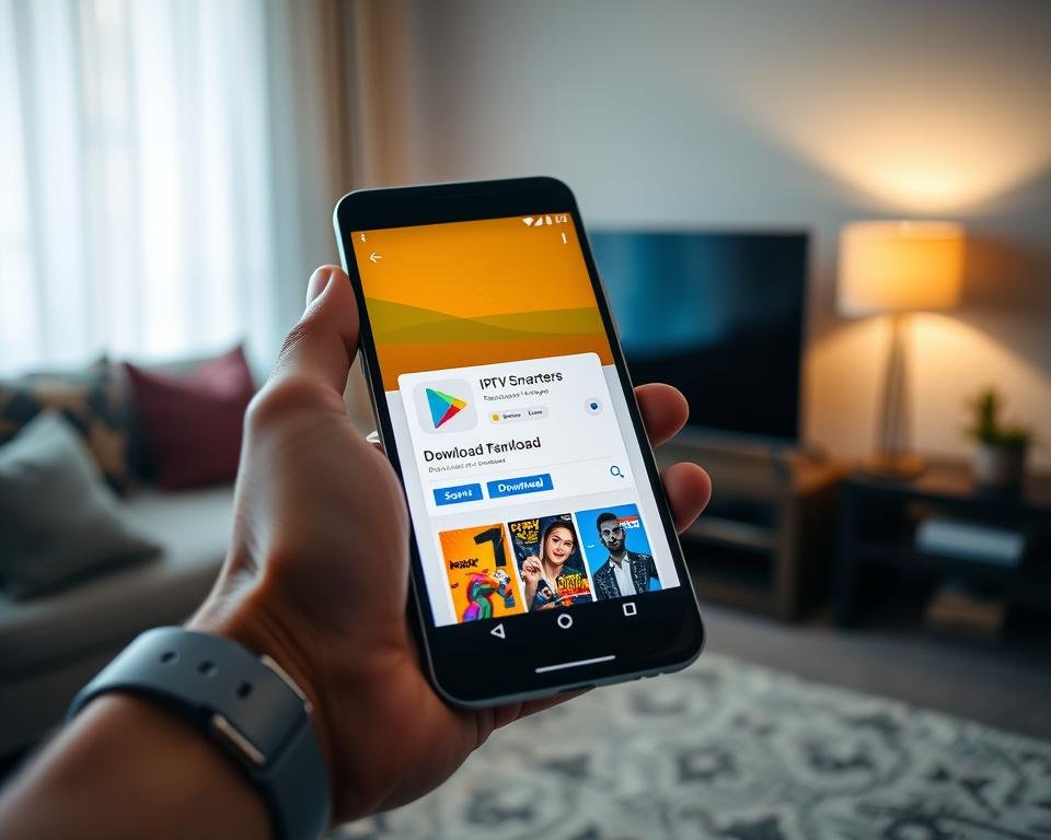 A close-up of a smartphone screen displaying the Google Play Store interface, focused on the page for downloading the IPTV Smarters application. The foreground features the smartphone in a sleek, modern design, held by a hand wearing a minimalist wristwatch. In the middle, the Play Store's colorful app icon and download button are clearly visible, with vibrant graphics typical of Android apps. The background shows a cozy living room setting with soft lighting from a nearby lamp, creating a warm and inviting atmosphere. The scene captures a moment of anticipation and excitement, suitable for users eager to enhance their Android TV experience. Emphasize clarity and detail, avoiding any text or branding other than the app interface.