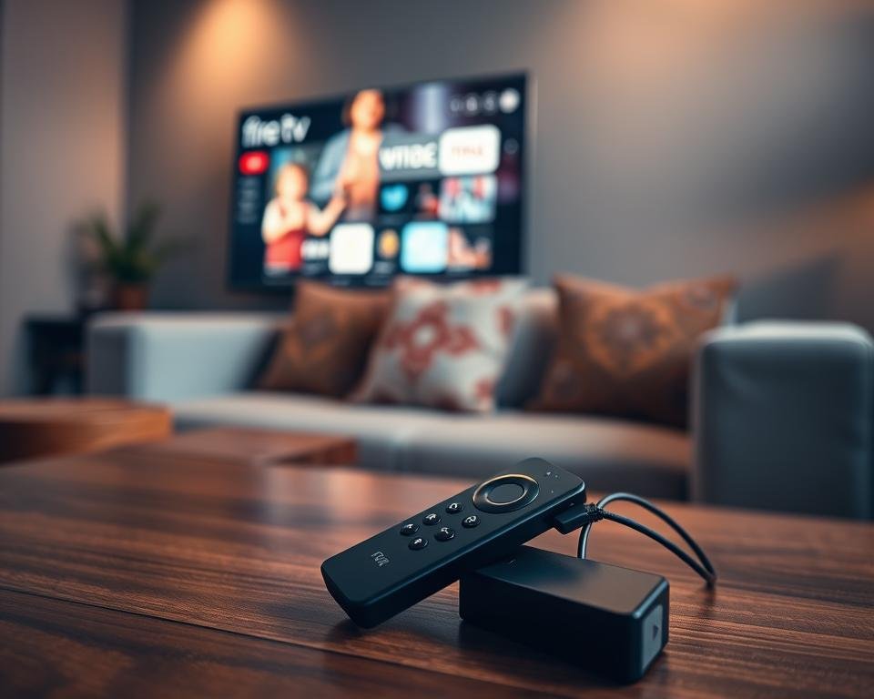 A close-up view of a Fire TV Stick plugged into a modern television, set against a cozy living room background. The device's sleek, black design is highlighted with soft, warm lighting that creates a welcoming atmosphere. In the foreground, a remote control sits on a wooden coffee table, while a blurred elegant sofa and decorative cushions form the middle ground. Light reflects off the screen showing a colorful IPTV interface with vibrant, engaging visuals. The room exudes a relaxed mood, suggesting a family-friendly environment ideal for entertainment. The composition is shot from a slightly elevated angle, emphasizing the connection between the device and the TV screen, inviting viewers to explore IPTV configuration.