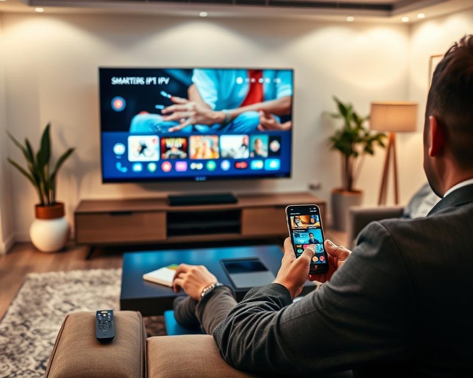 A close-up view of a modern living room featuring a sleek smart TV displaying the Smarters IPTV interface. In the foreground, a professional user, dressed in smart casual attire, sits comfortably on a stylish sofa, focused on the screen. The middle layer showcases a well-organized coffee table with a remote control and a smartphone displaying the IPTV app. The background features soft ambient lighting, highlighting a minimalistic decor with potted plants and art on the walls. The atmosphere is warm and inviting, suggesting a relaxed yet tech-savvy environment. Use a wide angle to capture the entirety of the room, ensuring the lighting is soft and natural to create a professional yet cozy feel.