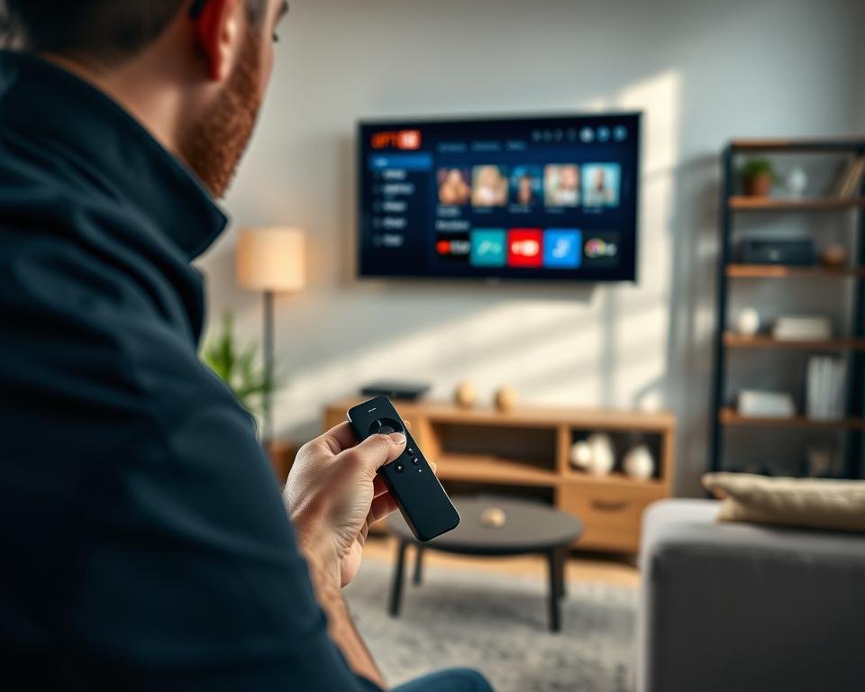 A close-up view of an Amazon Fire TV Stick installation process taking place in a cozy living room setting. In the foreground, a person wearing casual yet professional attire is connecting the Firestick to a modern TV, showing their focused expression as they navigate the setup. The middle layer features a sleek TV displaying the Firestick’s interface, ready for the installation of IPTV Smarters Pro. The background includes a stylish living room with soft lighting, a comfortable sofa, and a decorative bookshelf, all evoking a warm and inviting atmosphere. The image should have a soft focus, with natural light filtering in, emphasizing the connection between technology and home entertainment in a serene setting.