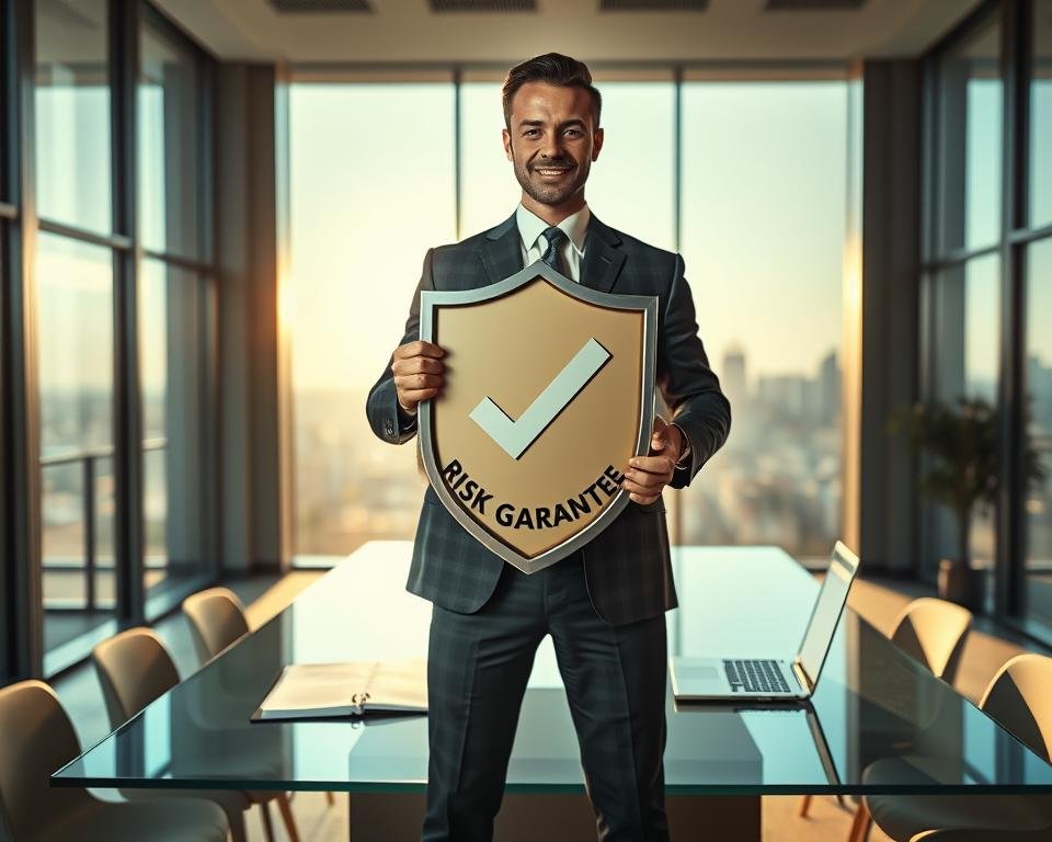 A confident business professional, dressed in a smart suit, stands in the foreground, holding a shield emblazoned with a checkmark symbolizing "risk-free guarantee". The middle ground features a modern office setting with large windows showcasing a bright, sunny day outside, casting natural light across the room. On a sleek glass desk, there are papers and a laptop indicating business discussions. The background reveals a subtle city skyline, adding depth and context to the scene. Soft shadows and warm lighting create an optimistic and reassuring atmosphere, embodying trust and security. The overall mood is empowering and professional, reflecting the essence of a risk-free guarantee.