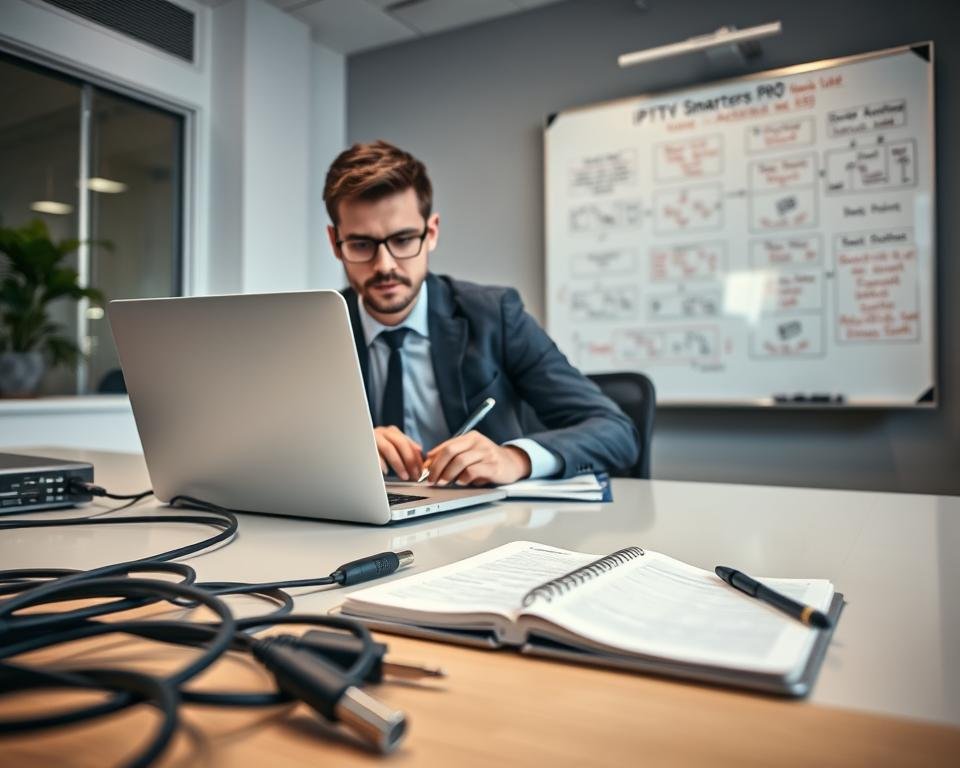 A confident technician sits at a sleek desk, focused on a laptop screen displaying the IPTV Smarters Pro interface. In the foreground, an array of technical tools, including cables and a notepad filled with troubleshooting notes, emphasize a problem-solving environment. The technician, dressed in a professional business attire, is examining error messages while taking notes. The middle ground features a modern office setting with soft lighting that creates a calm yet productive atmosphere. In the background, a whiteboard filled with diagrams and solutions related to common activation issues adds depth and context to the scene. The overall mood is constructive and focused, highlighting the act of resolving activation problems with IPTV technology, captured at a slight angle, enhancing the sense of engagement and urgency.