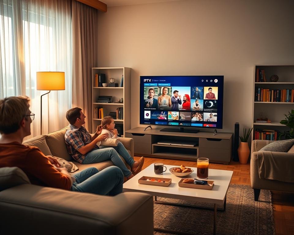 A cozy living room scene featuring a modern TV displaying vibrant IPTV content. In the foreground, a family of four is sitting comfortably on a stylish sofa, dressed in casual clothing, eagerly watching a variety of programs, showcasing the benefits of having IPTV subscription. The middle ground reveals a sleek coffee table with snacks and drinks, emphasizing a relaxed atmosphere. The background includes warm lighting from a floor lamp, a bookshelf with colorful books, and a window that allows soft natural light to stream in, enhancing the inviting ambiance. The overall mood is cheerful and engaging, reflecting the enjoyable experience of IPTV services in a domestic setting.