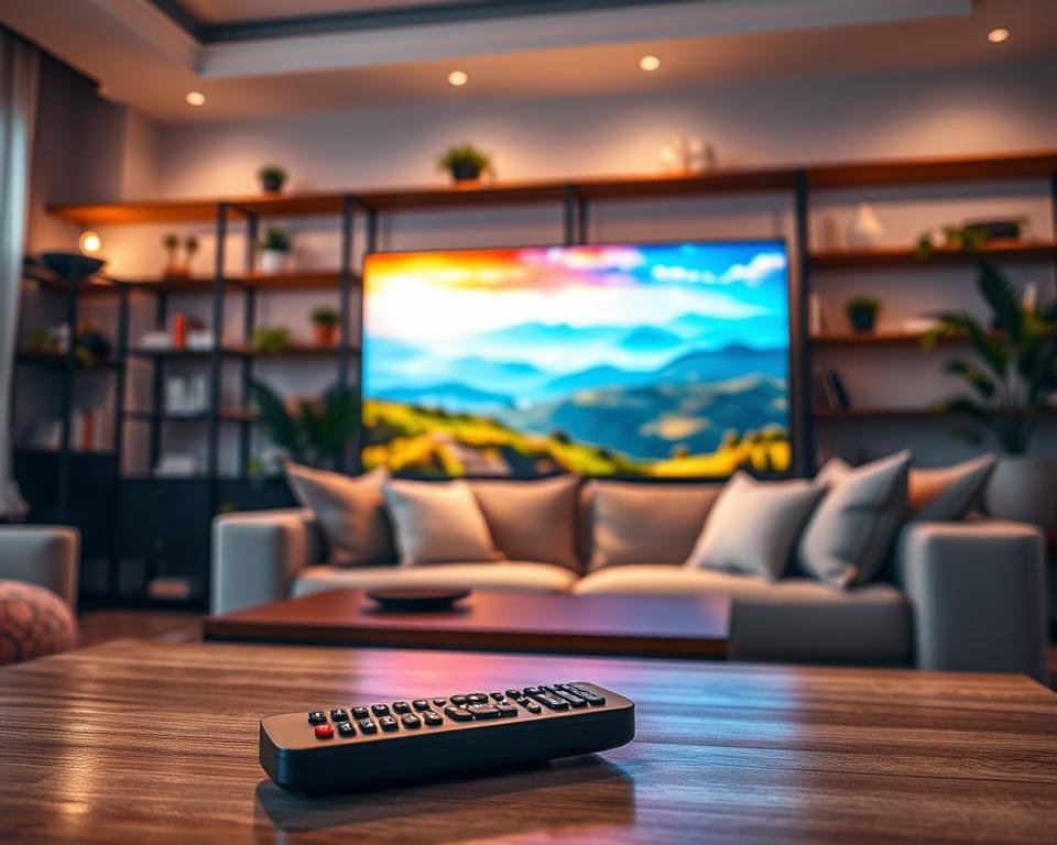 A cozy living room scene showcasing a large, high-definition television displaying vibrant, crisp colors of a scenic landscape. In the foreground, a sleek remote control rests on a stylish coffee table, emphasizing modern technology. In the middle, a comfortable couch with soft cushions invites the viewer to settle in for an immersive viewing experience. The background features decorative shelves filled with books and plants, bathed in warm, ambient lighting that creates a relaxed atmosphere. Soft shadows enhance the depth of the space. The lens captures this serene moment at a slight angle that highlights the beautiful picture quality of the screen, conveying a sense of stability and exceptional clarity in image quality. A cozy living room scene showcasing a large, high-definition television displaying vibrant, crisp colors of a scenic landscape. In the foreground, a sleek remote control rests on a stylish coffee table, emphasizing modern technology. In the middle, a comfortable couch with soft cushions invites the viewer to settle in for an immersive viewing experience. The background features decorative shelves filled with books and plants, bathed in warm, ambient lighting that creates a relaxed atmosphere. Soft shadows enhance the depth of the space. The lens captures this serene moment at a slight angle that highlights the beautiful picture quality of the screen, conveying a sense of stability and exceptional clarity in image quality.