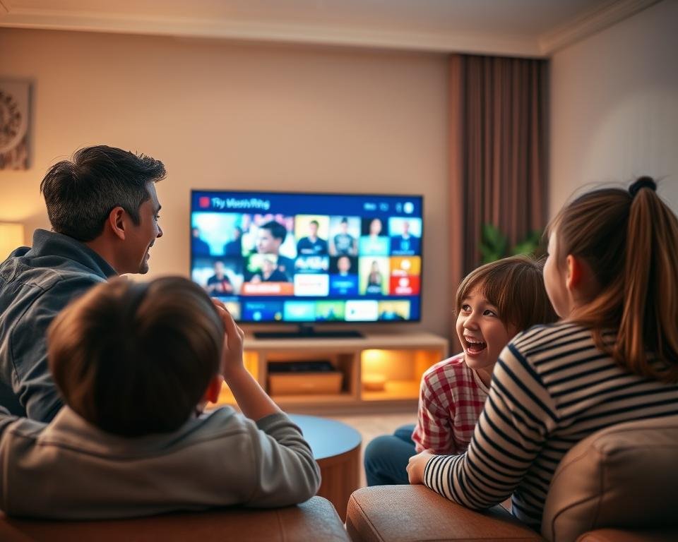 A cozy living room scene with a happy family gathered around a large TV, showcasing their excitement while watching a vibrant IPTV channel. The foreground features two adults in smart casual attire and two children, all displaying joy and satisfaction. The middle ground highlights a sleek IPTV setup with visible streaming content, emphasizing modern technology. The background captures a warm, inviting ambiance, with soft lighting and comfortable furniture. The scene is well-lit, giving a sense of a perfect family night, with ambient light creating a relaxed atmosphere. The perspective is slightly angled, inviting viewers into the warmth of the moment, embodying the essence of satisfied customers enjoying a quality entertainment experience.