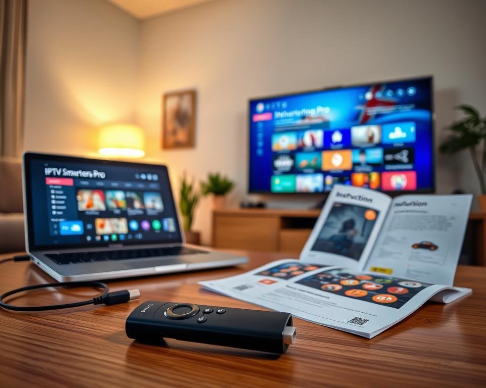 A cozy living room setting showcasing a modern Amazon Firestick plugged into a sleek, flat-screen TV mounted on the wall. In the foreground, a remote control lies on a wooden coffee table beside a laptop displaying the IPTV Smarters Pro interface. The middle layer features an open instruction manual laid next to the TV, highlighting the installation process with colorful visuals. The background includes a soft, warm light emanating from a stylish lamp, creating an inviting atmosphere. The room is furnished with a comfortable sofa and a few decorative plants, emphasizing a family-friendly environment. Capture this scene from a slightly elevated angle to include the TV screen and remote prominently, with a focus on a dynamic, tech-savvy ambiance.