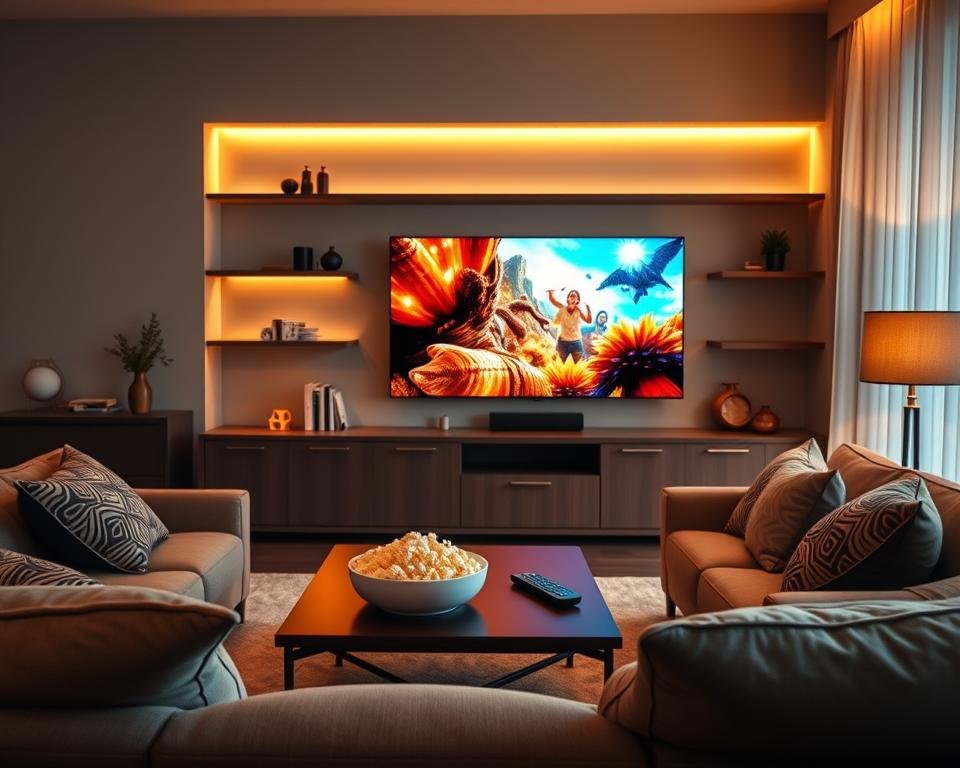 A cozy living room setting showcasing a sleek modern television displaying vibrant 4K content. In the foreground, a comfortable sofa with decorative cushions invites relaxation, while a stylish coffee table holds a remote control and a bowl of popcorn. In the middle, soft ambient lighting creates a warm atmosphere, enhancing the enjoyment of IPTV viewing. The background features subtle shelves with books and decorative items, adding a touch of elegance. The scene is shot at a wide-angle, capturing the essence of a perfect entertainment space. The overall mood is inviting and lively, emphasizing the economic benefit of an IPTV subscription for enjoying high-quality television.