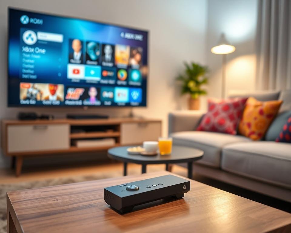 A cozy living room setting with a modern Xbox One console prominently displayed, connected to a large flat-screen TV. The screen shows the Kodi interface, featuring vibrant icons for various streaming options. In the foreground, a sleek remote control lies on a stylish coffee table, surrounded by a few snacks and drinks. Soft, ambient lighting creates a warm atmosphere, highlighting the setup. In the background, a comfortable couch is visible, adorned with colorful throw pillows. The scene captures a sense of casual entertainment and relaxation, inviting viewers into the world of IPTV streaming on Xbox One with Kodi. No people are present, ensuring a clean and focused depiction of the technology.