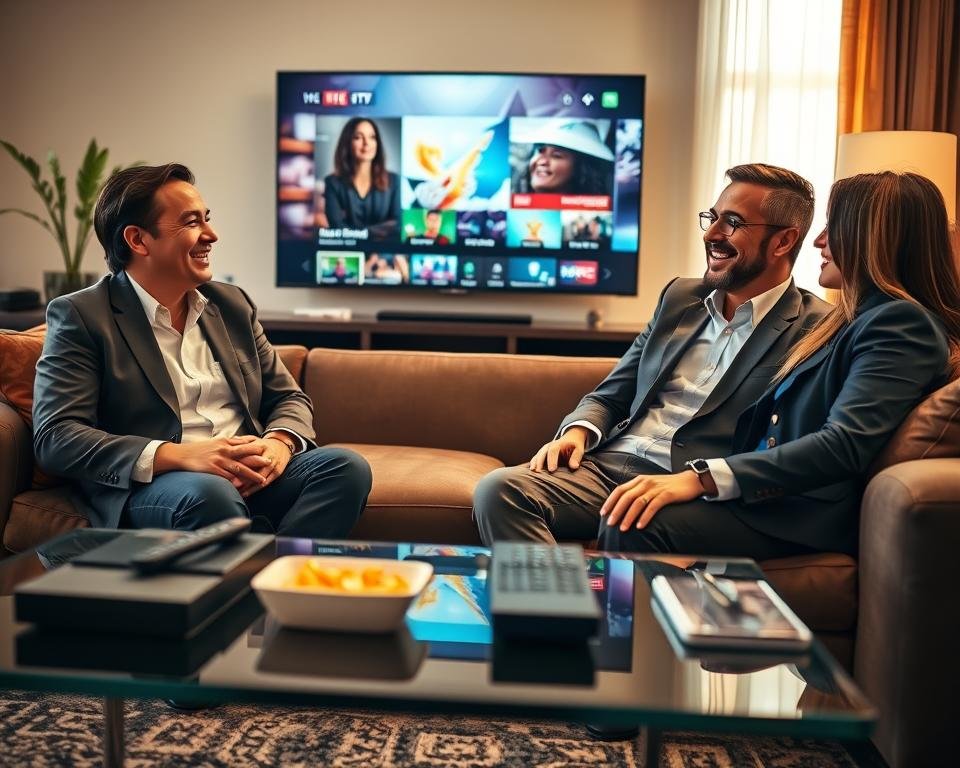 A cozy living room setting with three satisfied customers, a diverse group representing different backgrounds, sitting comfortably on a stylish couch. They are engaged in a lively conversation, expressing their happiness about their IPTV subscription. The foreground features a coffee table with remote controls and snacks, while the middle ground shows a large screen displaying vibrant content related to entertainment or news. The background features warm lighting, with soft sunlight streaming through a window, creating a welcoming atmosphere. The individuals are dressed in professional business attire. The camera angle is slightly elevated, capturing the expressions of joy and satisfaction on their faces, evoking a positive and engaging mood.