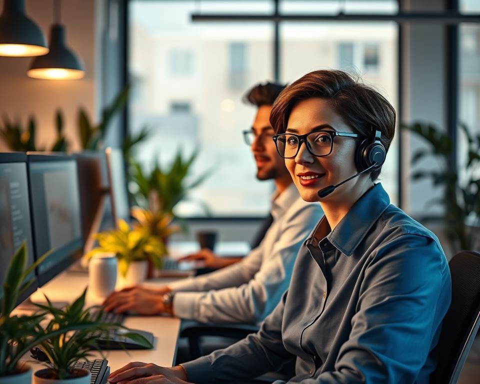 A cozy, modern customer support office showcasing a friendly and professional atmosphere. In the foreground, a diverse group of two support agents, a woman with short brown hair and glasses wearing a smart blue blouse, and a man with dark hair in a neat white shirt, are attentively engaging with customers through headsets. The middle ground features sleek office desks equipped with computers displaying help desk software. In the background, a large window lets in soft, natural light, creating a warm ambiance. Plants adorn the space, adding a touch of freshness. The mood is approachable and reassuring, highlighting the theme of 24/7 customer support with warm lighting and a focus on teamwork and professionalism. The image maintains clarity and balance, emphasizing the importance of client assistance without any distractions.