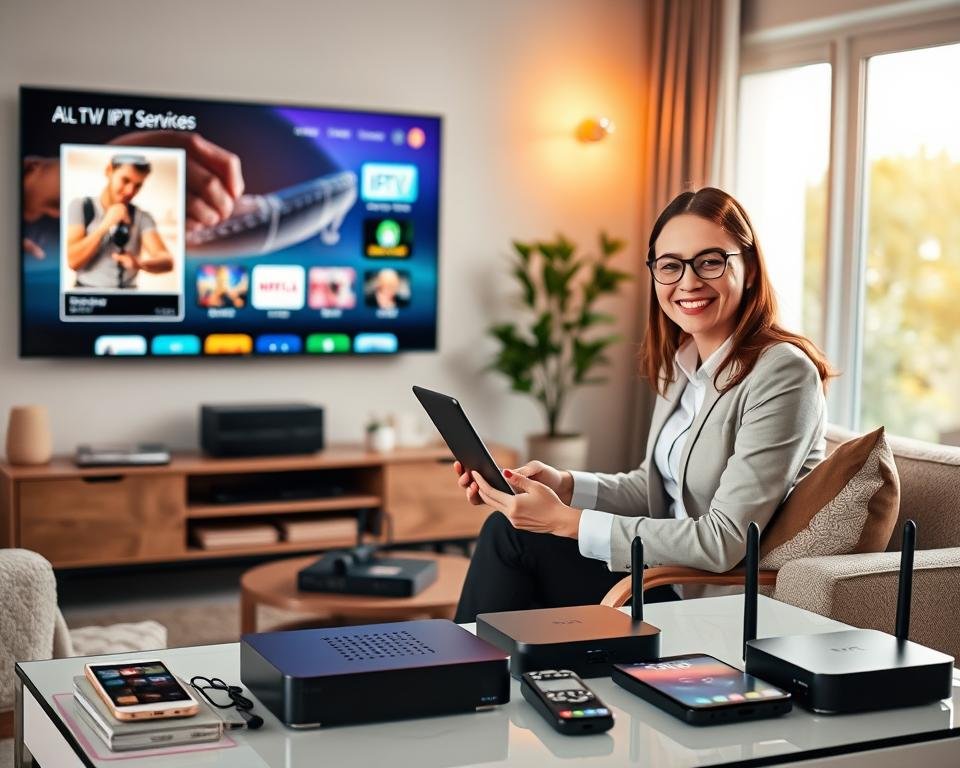 A cozy, modern living room featuring a sleek flat-screen television displaying IPTV services in vibrant 4K resolution. In the foreground, a friendly customer service representative is seated at a stylish desk, dressed in professional attire, enthusiastically explaining subscription options through a laptop. The middle ground showcases a variety of easily accessible devices—smartphones, tablets, and set-top boxes—arranged neatly, illustrating diverse streaming options. In the background, large windows let in warm, natural light, enhancing the inviting atmosphere. Soft colors and comfortable furniture create a relaxed ambiance, while the overall composition exudes professionalism and dedication to customer service. The image captures the excitement and convenience of subscribing to a modern television and internet service. A cozy, modern living room featuring a sleek flat-screen television displaying IPTV services in vibrant 4K resolution. In the foreground, a friendly customer service representative is seated at a stylish desk, dressed in professional attire, enthusiastically explaining subscription options through a laptop. The middle ground showcases a variety of easily accessible devices—smartphones, tablets, and set-top boxes—arranged neatly, illustrating diverse streaming options. In the background, large windows let in warm, natural light, enhancing the inviting atmosphere. Soft colors and comfortable furniture create a relaxed ambiance, while the overall composition exudes professionalism and dedication to customer service. The image captures the excitement and convenience of subscribing to a modern television and internet service.
