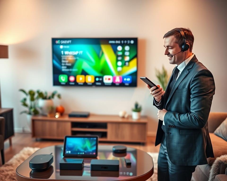 A cozy, modern living room scene featuring a smart television displaying a vibrant IPTV streaming interface. In the foreground, a professional-looking customer support representative, dressed in smart attire, is engaged in a friendly conversation through WhatsApp on a sleek smartphone. The representative is smiling, conveying a helpful and approachable demeanor. In the middle ground, a stylish coffee table holds a tablet and a few streaming devices, hinting at advanced technology and connectivity. The background showcases a wall-mounted TV with a soft glow, and warm ambient lighting creates an inviting atmosphere. The overall mood is supportive and modern, reflecting the essence of direct client contact. The scene has a slight depth of field, emphasizing the representative while softly blurring the background for focus.
