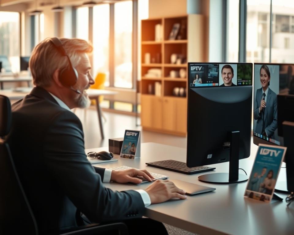 A customer support scene in a modern office setting, showcasing a professional customer service representative assisting a client. The foreground features a friendly representative, dressed in business attire, seated at a sleek desk equipped with dual monitors displaying IPTV interface images. They are actively engaging with a satisfied client on a video call, visible on one screen. In the middle ground, include shelves filled with technology gadgets and promotional IPTV brochures. The background shows a well-lit, open office space with large windows allowing natural light to filter in, creating a warm atmosphere. Use soft lighting and a shallow depth of field to emphasize the interaction, evoking a sense of professionalism and support.