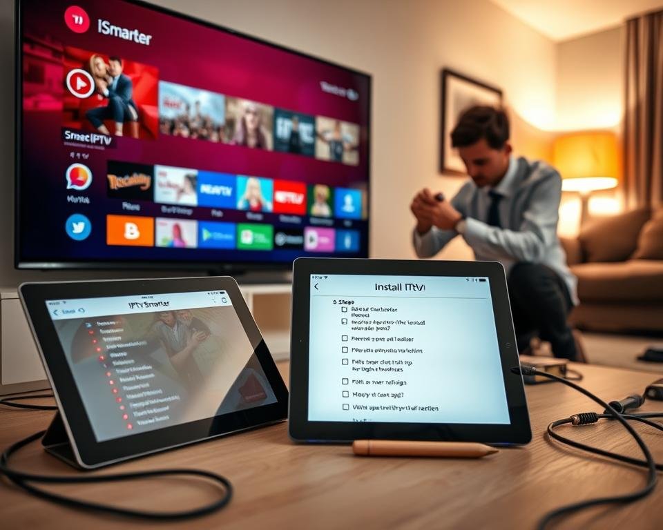 A detailed and informative scene of a step-by-step installation guide for IPTV on a modern television. In the foreground, there is a flat-screen TV displaying a clear interface of the IPTV Smarter app with vibrant program icons. Next to the TV, a tablet is laid out showing a checklist of installation steps. In the middle ground, a person dressed in professional attire is attentively connecting cables to the TV, surrounded by tools like a screwdriver and cable ties. The background features a cozy living room with a warm ambiance, illuminated by soft, diffused lighting. The atmosphere is one of productivity and technology, capturing a sense of clarity and professionalism in setting up IPTV services.