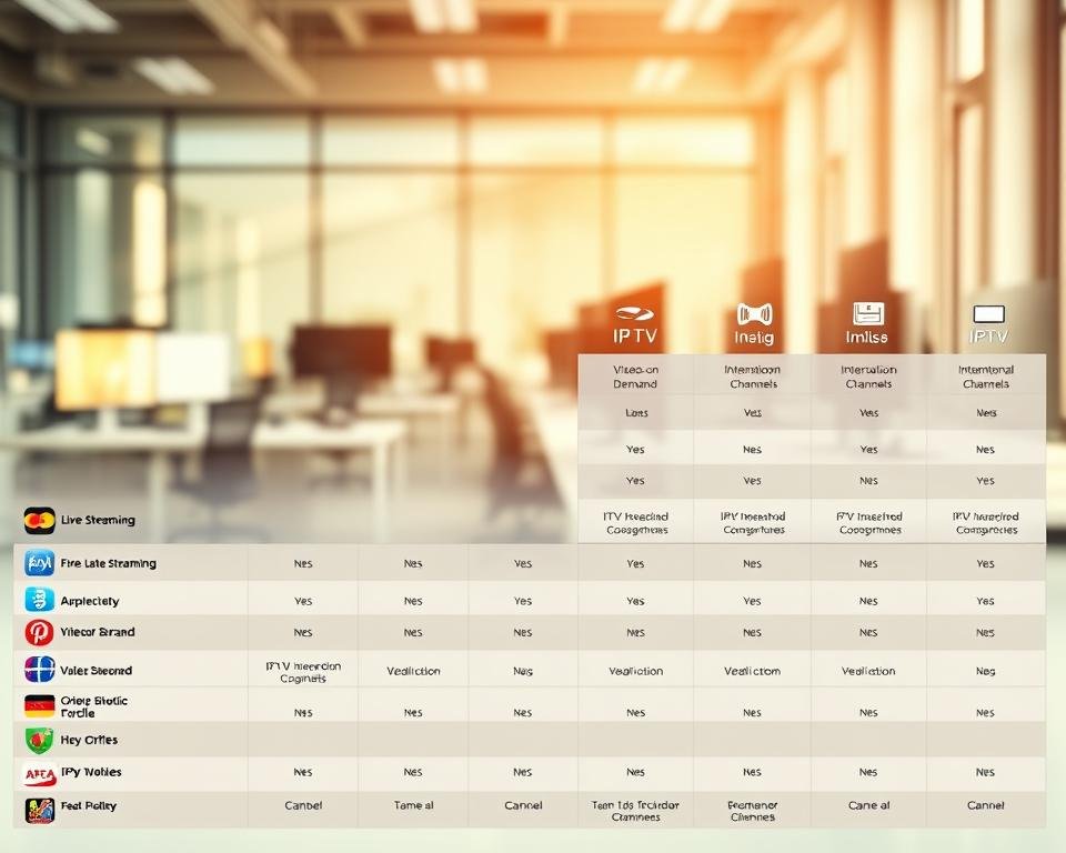 A detailed comparison table illustrating IPTV offers for 2025, designed for a professional article layout. The foreground features distinct rows and columns, each showcasing various IPTV providers with vivid icons representing services like live streaming, video on demand, and international channels. In the middle, a clean and modern design with soft shadows and subtle gradients enhances readability. The background has a blurred office setting, including modern desks and screens that suggest a technological atmosphere. Bright, natural lighting filters in from the left, creating a warm yet professional ambiance. The focus is on clarity and aesthetics, with no text or logos present. A detailed comparison table illustrating IPTV offers for 2025, designed for a professional article layout. The foreground features distinct rows and columns, each showcasing various IPTV providers with vivid icons representing services like live streaming, video on demand, and international channels. In the middle, a clean and modern design with soft shadows and subtle gradients enhances readability. The background has a blurred office setting, including modern desks and screens that suggest a technological atmosphere. Bright, natural lighting filters in from the left, creating a warm yet professional ambiance. The focus is on clarity and aesthetics, with no text or logos present.