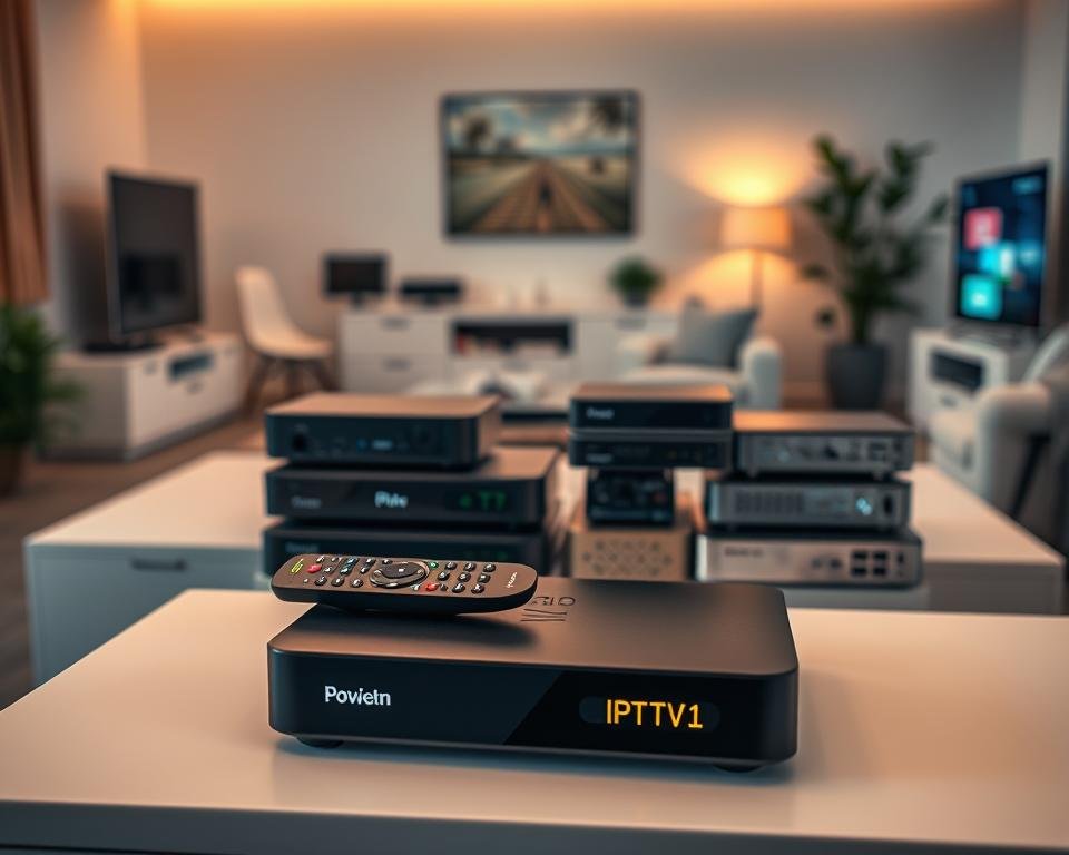 A detailed composition showcasing an array of modern multimedia boxes and set-top decoders designed for television services in a clean, professional environment. In the foreground, a sleek black IPTV box with illuminated power indicators sits atop a minimalist media console, flanked by a remote control and vibrant streaming app logos. In the middle ground, several different models of digital decoders are artfully arranged, emphasizing their compact and high-tech designs, with various ports and connections visible. In the blurred background, a cozy living room setting is gently illuminated by warm, soft light, creating an inviting atmosphere. The camera angle is slightly above eye level, giving a comprehensive view of the devices while maintaining a focus on their functionalities. The overall mood is modern and tech-savvy, perfectly capturing the essence of essential IPTV equipment.