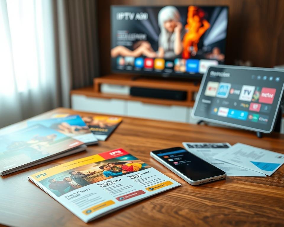 A detailed flat lay image of various IPTV subscription offers and pricing displayed on an elegant wooden table. In the foreground, colorful brochures with attractive graphics showcasing different packages, such as "Premium," "Standard," and "Basic," arranged neatly. A sleek tablet displaying a streaming app interface lies next to a smartphone showing channels. In the middle background, a blurred television set with a vibrant display of a popular show. Soft natural light streaming through a nearby window creates an inviting atmosphere. The scene has a professional, modern feel, suitable for a technology article. The composition emphasizes clarity and organization, inviting viewers to explore the offerings without distractions.