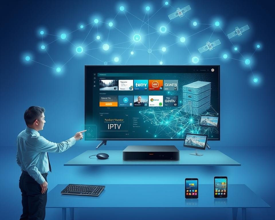 A detailed illustration depicting the technical functioning of IPTV, split into three layers. In the foreground, a professional business person dressed in smart casual attire interacts with a digital interface displaying streaming content and network connections. The middle layer features a sleek IPTV set-top box connected to a modern television, alongside various devices like tablets and smartphones showcasing streaming apps. The background shows a digital network map with servers and satellites connected by glowing lines, symbolizing data transmission. Soft, ambient lighting enhances the high-tech atmosphere, with a focus on blue and green tones to signify technology and connectivity. The image conveys a sense of innovation and accessibility in entertainment through IPTV.