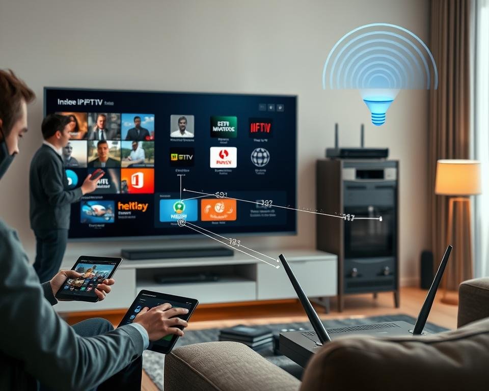 A detailed illustration of IPTV technology in action. In the foreground, a modern living room with a sleek smart TV displaying various IPTV interfaces showcasing streaming options. A person in professional attire is interacting with a remote control, while a tablet on a coffee table shows IPTV network statistics. The middle layer features a graphical representation of data streams flowing from an IPTV server, indicated by glowing lines or digital particles connecting to the TV. In the background, a partially visible internet router emits signal waves, symbolizing connectivity. Soft, ambient lighting enhances the tech-savvy atmosphere, with a slight depth of field effect focusing on the foreground. The mood should convey innovation and efficiency in digital entertainment technology. A detailed illustration of IPTV technology in action. In the foreground, a modern living room with a sleek smart TV displaying various IPTV interfaces showcasing streaming options. A person in professional attire is interacting with a remote control, while a tablet on a coffee table shows IPTV network statistics. The middle layer features a graphical representation of data streams flowing from an IPTV server, indicated by glowing lines or digital particles connecting to the TV. In the background, a partially visible internet router emits signal waves, symbolizing connectivity. Soft, ambient lighting enhances the tech-savvy atmosphere, with a slight depth of field effect focusing on the foreground. The mood should convey innovation and efficiency in digital entertainment technology.