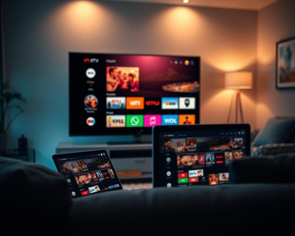 A detailed illustration of various types of IPTV access methods, showcasing a split-screen layout. In the foreground, a modern living room featuring a Smart TV displaying IPTV interfaces with vibrant channel options. In the middle, a laptop and a tablet are positioned, illustrating streaming services such as video-on-demand and live television. The background includes a cozy setup with a comfortable sofa and soft ambient lighting, creating a warm atmosphere. The scene is captured from a slightly elevated perspective, using a soft-focus technique to emphasize the devices. The overall mood is inviting and tech-savvy, reflecting the diverse ways of accessing IPTV content.
