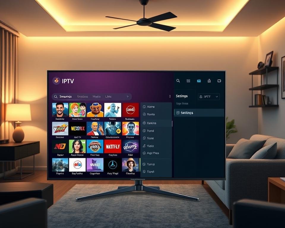 A detailed illustration showcasing the configuration of IPTV streams, focusing on M3U playlists. In the foreground, a sleek Android TV interface displays icons for IPTV channels, highlighted in vibrant colors. The middle ground features a user interface with a settings menu open, showing options for adding and managing M3U links. Use a modern living room setting with ambient lighting that suggests a cozy viewing atmosphere, with a soft glow emanating from the TV screen. The background includes a stylish couch and decorative elements, such as a shelf with tech gadgets. The overall mood is engaging and informative, emphasizing the technical nature of IPTV setup while remaining inviting. Aim for a professional look with no human subjects, ensuring clarity and focus on the IPTV configuration process.