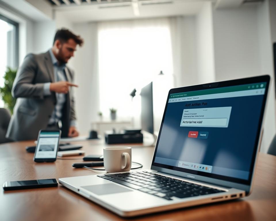 A detailed step-by-step guide for activating IPTV Smarters Pro is depicted in a digital workspace. In the foreground, a laptop with the IPTV Smarters Pro interface open on the screen, showcasing a user-friendly activation process with highlighted buttons. To the left, a professional, focused individual in smart casual attire points towards the screen, demonstrating how to input an activation code. In the middle, an organized desk with tech gadgets, a smartphone displaying a support chat, and a stylish coffee mug. The background features a bright, inviting office environment with soft, natural lighting filtering through a window, creating an atmosphere of productivity and clarity. The angle captures the scene from a slight elevation, emphasizing both the laptop and the engaged individual.