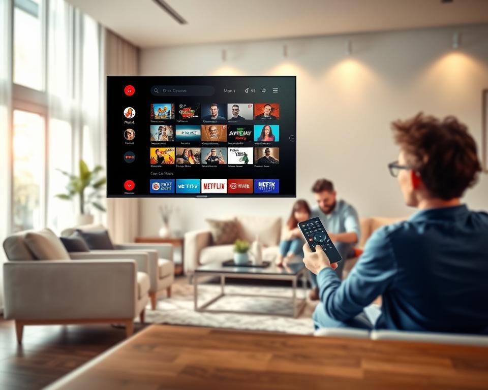 A dynamic and engaging illustration highlighting the exceptional advantages of IPTV Smarters Pro. In the foreground, showcase a sleek, modern smart TV displaying the IPTV Smarters Pro interface with vibrant, colorful thumbnails of various content options. In the middle ground, include an elegant living room setting with a comfortable couch and a stylish coffee table, where a family is joyfully interacting with the remote control. The background features a bright, airy window, allowing natural light to flood in, creating a warm and inviting atmosphere. Utilize a soft focus lens effect to emphasize the foreground details. The mood should be cheerful and family-oriented, reflecting the benefits of entertainment and connectivity that IPTV Smarters Pro brings to users. Ensure the scene has no text, logos, or distracting elements.