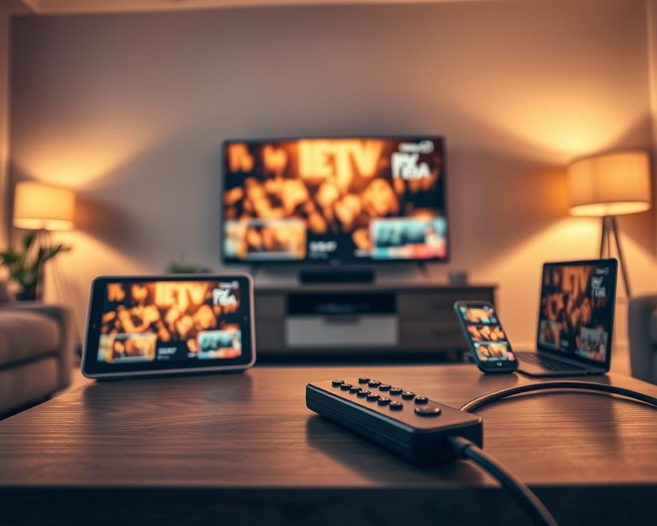A dynamic and visually engaging image depicting the concept of "IPTV device compatibility." In the foreground, showcase a modern living room setting with various devices like a smart TV, tablet, laptop, and smartphone, all connected and displaying vibrant IPTV content. In the middle ground, incorporate a stylish coffee table with a sleek remote control and an HDMI cable, symbolizing seamless connectivity. The background should feature a cozy atmosphere with warm lighting casting soft shadows, giving a sense of comfort and modernity. Use a wide-angle perspective to capture the entire scene while maintaining focus on the devices. The mood should be inviting and tech-savvy, emphasizing universal compatibility across devices without any text or branding elements.