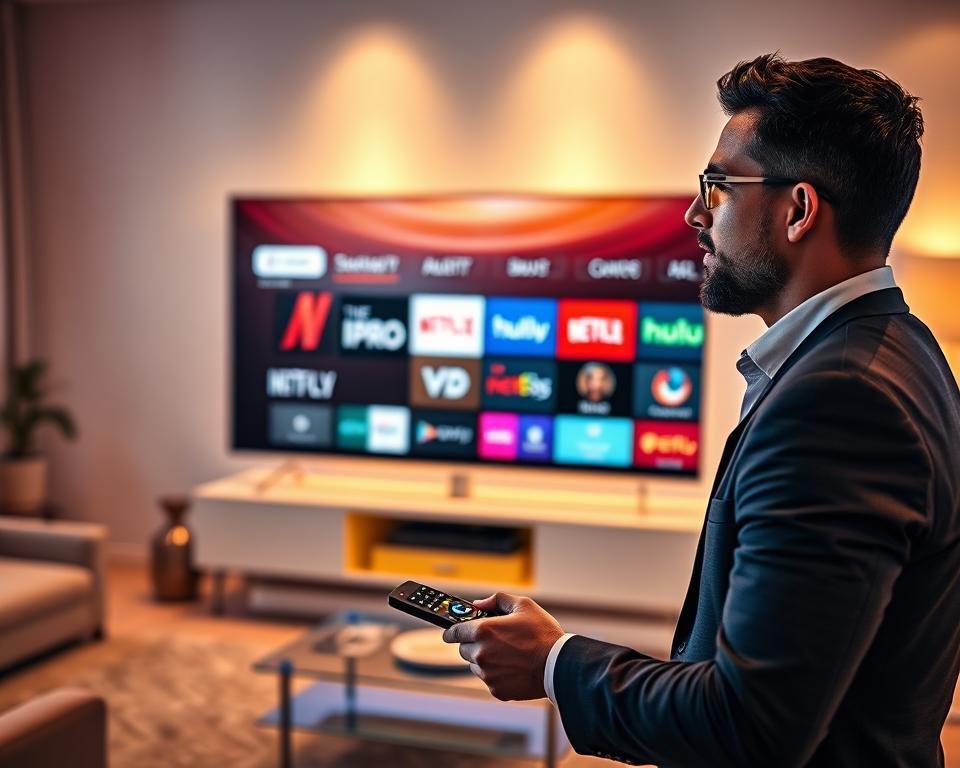 A dynamic comparison scene featuring various streaming service applications on a sleek, modern television screen. In the foreground, show a professional individual in smart casual attire, operating a remote control, with an engaged expression. The middle ground should display multiple streaming app icons like IPTV Pro, Netflix, and Hulu, with vibrant colors and distinctive logos, illuminated by a soft glow, suggesting activity. The background features a stylish living room with soft ambient lighting, highlighting a contemporary decor style. The atmosphere should feel tech-savvy and inviting, with warm tones reflecting a cozy viewing experience. Use a slight depth of field effect to keep focus on the foreground while gently blurring the background.