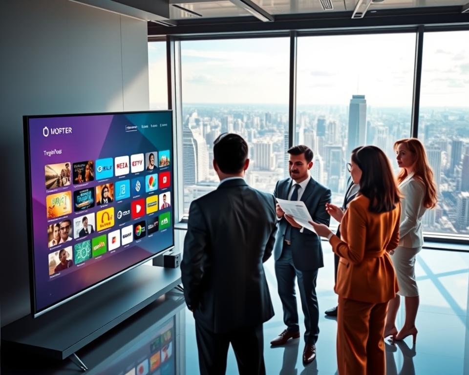 A dynamic digital illustration showcasing the competitive advantages of IPTV Smarters Pro. In the foreground, a sleek, modern television screen displays an interface filled with vibrant streaming options and user-friendly icons, symbolizing cutting-edge technology. In the middle ground, a diverse group of professional individuals, dressed in business attire, are engaged in discussion, analyzing charts depicting growth and engagement metrics. The background features a high-tech office environment with large windows offering a panoramic view of a bustling cityscape, signifying innovation and progress. Soft, natural light pours in, casting elegant shadows and creating a bright, engaging atmosphere. The overall mood is one of efficiency, success, and forward-thinking, perfect for illustrating the section on competitive advantages in the article.