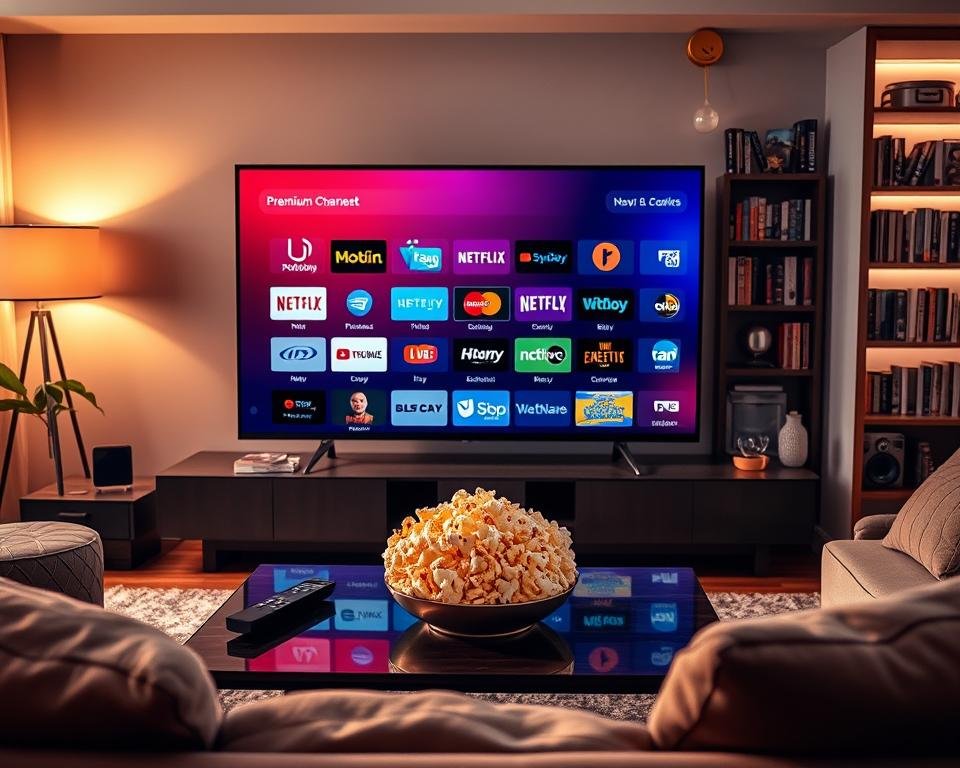 A dynamic living room scene featuring a modern home entertainment setup. In the foreground, a sleek television screen displays a vibrant array of premium streaming channels, showcasing logos of exclusive content providers. Surrounding the TV, a stylish coffee table holds remote controls and a bowl of popcorn, creating an inviting atmosphere. In the middle ground, a comfortable sofa with plush cushions invites viewers to sit back and enjoy the show. The background should feature soft lighting, with a contemporary bookshelf filled with movies and games, enhancing the cozy mood. Use a warm color palette to evoke a sense of relaxation and excitement, and capture this from a slightly angled perspective to emphasize depth and the inviting atmosphere of streaming entertainment in a modern home.