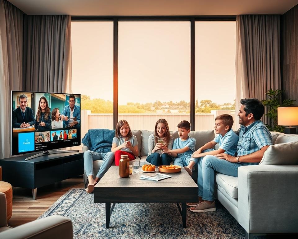 A dynamic living room scene showcasing a sleek, modern smart TV displaying vibrant graphics of exclusive IPTV content. In the foreground, a family of five—parents and children—are seated comfortably on a stylish sofa, all dressed in casual yet neat clothing. Their expressions reflect excitement and engagement. In the middle, a coffee table holds snacks and drinks, adding a cozy, inviting atmosphere. The background features a large window showing a sunny outdoor view, with soft, warm lighting illuminating the space. The overall mood is joyful and relaxed, symbolizing quality family time enjoying diverse content options on their IPTV service. The composition is engaging, capturing the essence of exclusive and varied television programming.