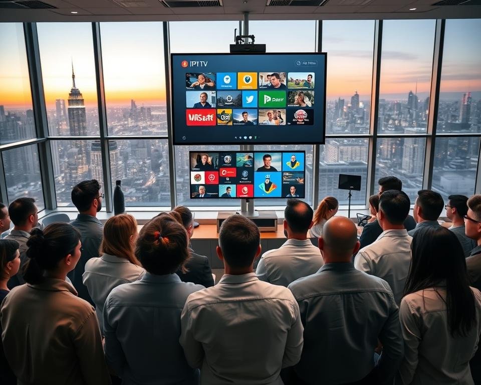 A dynamic scene illustrating a modern lecture on IPTV applications. In the foreground, a diverse group of professionals, dressed in smart casual attire, are intently watching a large screen displaying various compatible applications for IPTV TV Pro. The middle layer shows a sleek, high-tech classroom environment, with smartboards and video conferencing equipment. In the background, panoramic windows reveal a cityscape at twilight, casting a warm glow over the room. Soft, ambient lighting highlights the faces of the audience, creating a collaborative and engaging atmosphere. The overall mood conveys excitement and innovation in technology, suitable for a professional setting.