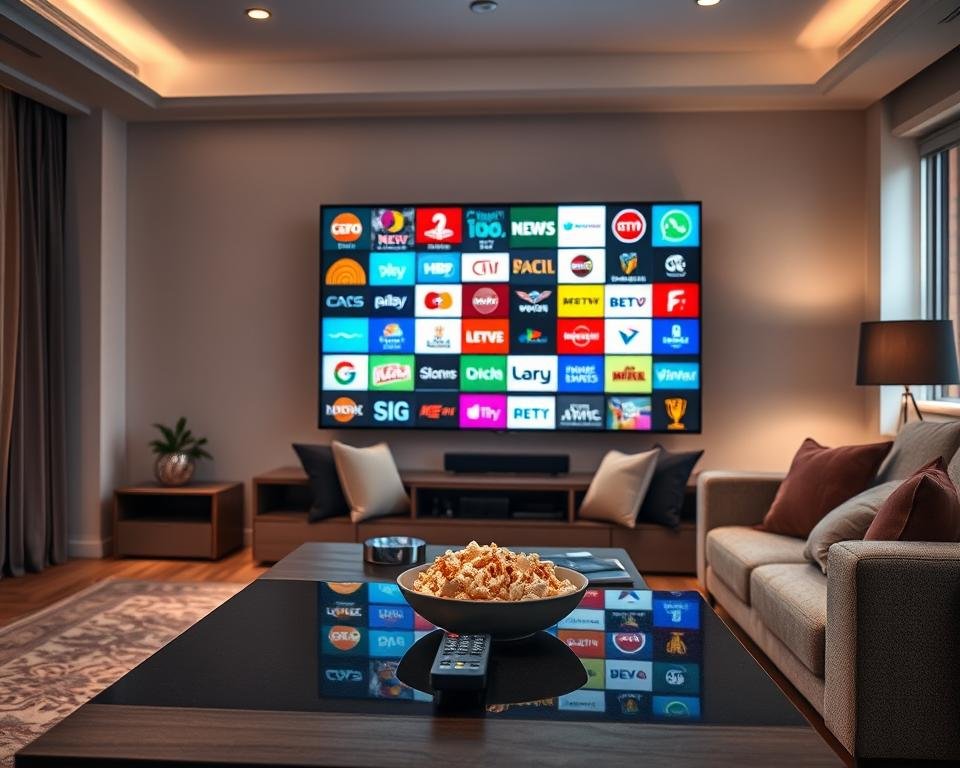 A dynamic scene showcasing a modern living room with a large flat-screen television displaying a collage of vibrant TV channel logos, representing various genres such as news, sports, movies, and entertainment. In the foreground, a stylish coffee table is adorned with a remote control, and a bowl of popcorn. In the middle ground, a comfortable sofa is positioned facing the TV, inviting viewers to relax and enjoy their favorite shows. Soft, diffused lighting from a nearby window casts a warm glow over the room, creating an inviting atmosphere. The background features minimalistic decor and subtle colors, enhancing the focus on the TV and its content. The overall mood is one of relaxation and entertainment, perfect for a cozy night in with online TV subscriptions.