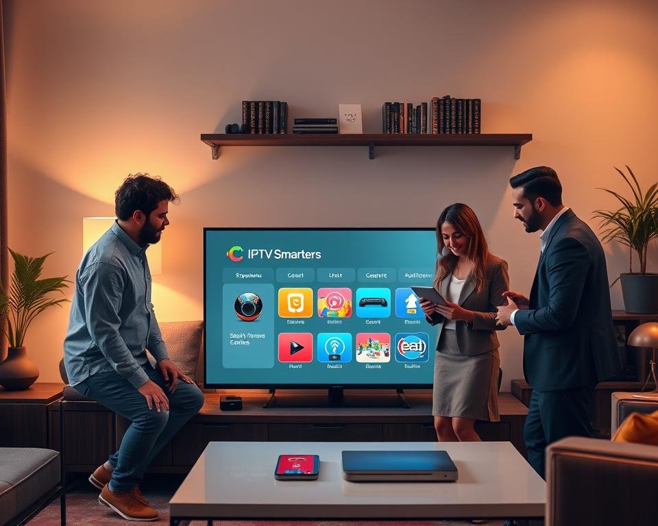 A focused and organized workspace featuring a modern Android TV displaying the IPTV Smarters application interface on the screen. In the foreground, a diverse group of three professionals, dressed in smart casual attire, interact with a tablet and discuss streaming options, looking engaged and collaborative. The middle layer shows a cozy living room setup with a comfortable sofa, a sleek coffee table, and an ambiance created by soft ambient lighting, emphasizing a relaxed yet productive atmosphere. In the background, a wall-mounted shelf holds relevant tech gadgets and books about streaming services. The overall mood is one of efficient troubleshooting, showcasing teamwork and modern technology for solving common streaming issues.