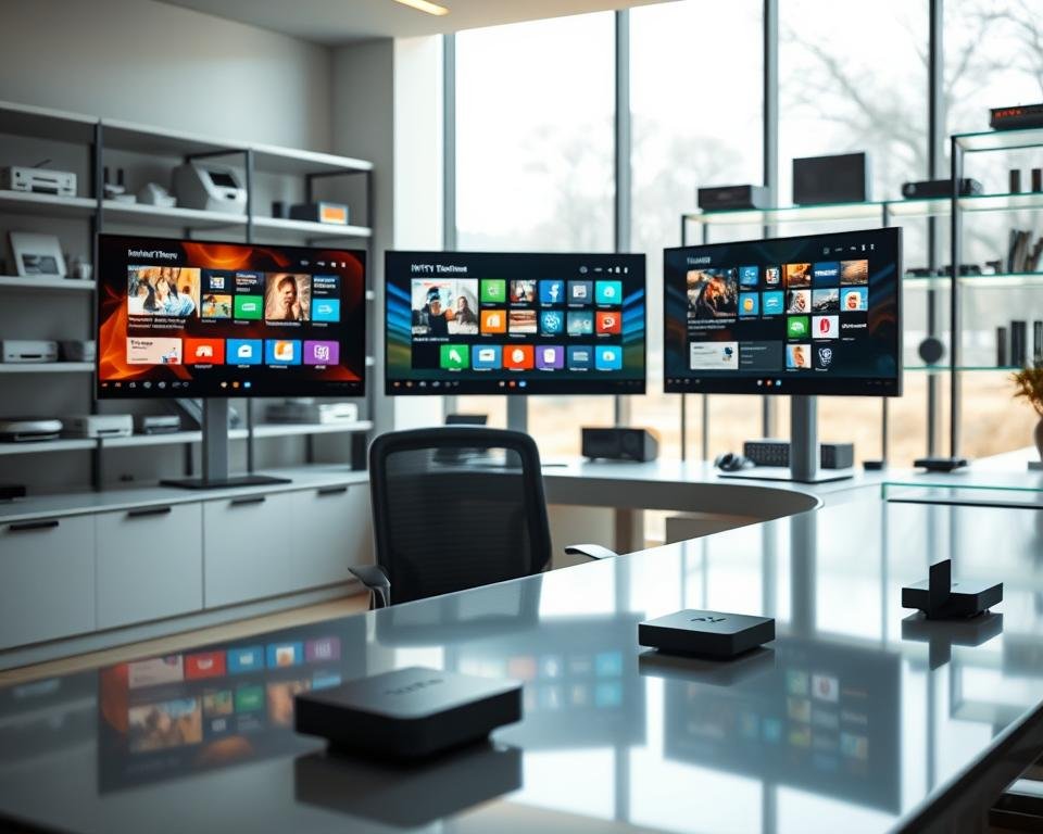 A futuristic digital workspace showcasing various alternative streaming applications on multiple screens. In the foreground, a sleek desk with three high-resolution monitors displaying different user interfaces for various IPTV alternatives, each vibrant and distinct. In the middle ground, a modern office chair and subtle reflections of streaming devices on a polished surface, indicating advanced technology. The background features softly blurred shelves lined with streaming gadgets and accessories, providing a tech-savvy ambiance. Natural light streams through a large window, casting a warm glow and creating an inviting atmosphere. The overall mood is professional, innovative, and dynamic, highlighting the potential of alternative streaming solutions.