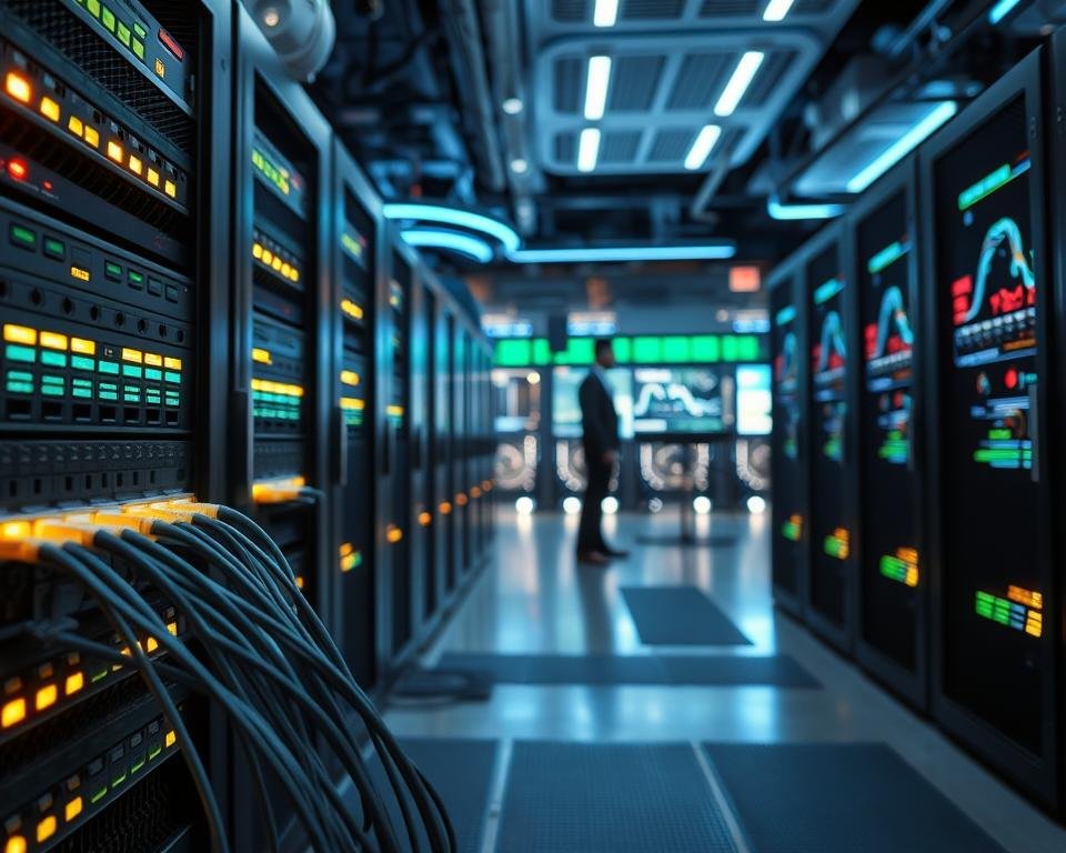 A high-performance dedicated streaming server room, showcasing rows of sleek, modern servers with illuminated LED indicators in a professional and technologically advanced environment. The foreground highlights a close-up view of server ports with high-speed fiber optic cables connected, glistening under bright white LED lighting. The middle ground features an organized layout of servers, with a technician in a smart business attire, intently monitoring server performance on a computer screen. The background displays large screens showing streaming metrics, with a futuristic design and a soft blue glow creating a high-tech atmosphere. The overall mood is one of efficiency, reliability, and cutting-edge technology, emphasizing the unparalleled quality and stability of the streaming services. A high-performance dedicated streaming server room, showcasing rows of sleek, modern servers with illuminated LED indicators in a professional and technologically advanced environment. The foreground highlights a close-up view of server ports with high-speed fiber optic cables connected, glistening under bright white LED lighting. The middle ground features an organized layout of servers, with a technician in a smart business attire, intently monitoring server performance on a computer screen. The background displays large screens showing streaming metrics, with a futuristic design and a soft blue glow creating a high-tech atmosphere. The overall mood is one of efficiency, reliability, and cutting-edge technology, emphasizing the unparalleled quality and stability of the streaming services.