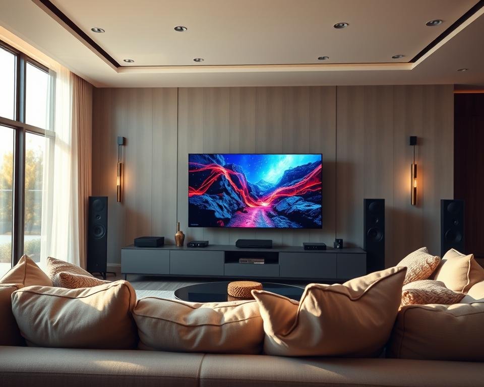 A high-resolution image showcasing a modern living room setting designed for optimal streaming experience. In the foreground, a sleek, large screen displays vibrant visuals of a high-definition streaming scene, with bright colors and sharp details. A comfortable sofa is positioned facing the screen, adorned with cozy cushions, inviting viewers to relax. In the middle background, an elegant entertainment unit filled with streaming devices and a high-quality sound system enhances the immersive atmosphere. Soft, natural light pours in from large windows, creating a warm and inviting ambiance. The overall mood is serene and focused, emphasizing the quality and reliability of the streaming experience. The angle is slightly elevated, capturing the entire room in an inviting and engaging perspective.