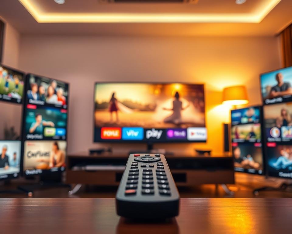 A high-resolution, visually captivating image showcasing a "TV channel catalogue" concept. In the foreground, display an array of colorful television screen mockups featuring various genres like sports, movies, documentaries, and children's programming, with each screen elegantly arranged. In the middle, incorporate a sleek, modern remote control partially visible, hinting at user interaction. The background should feature a vibrant home entertainment setup, including a stylish television and ambient lighting that casts a warm glow, suggesting a cozy viewing experience. Use soft focus techniques to create a sense of depth, while maintaining clarity on the screens. The overall atmosphere should evoke excitement and anticipation for viewers exploring a comprehensive content library.