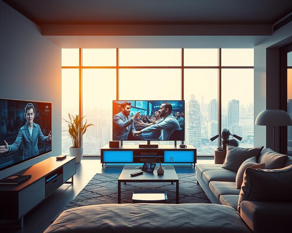 A high-tech, modern living room featuring advanced IPTV technology seamlessly integrated into the decor. In the foreground, a sleek flat-screen TV displays vivid content, surrounded by a stylish media console with smart devices. The middle ground includes a comfortable sofa with cushions, a stylish coffee table with subtle tech gadgets like a remote and a tablet. The background showcases large windows allowing soft natural light to illuminate the space, enhancing the high-tech yet cozy atmosphere. The scene should convey a sense of exceptional user experience, with cool blue tones and warm accents creating a harmonious blend. The mood is inviting and sophisticated, appealing to technology enthusiasts and professionals alike. Avoid any text or branding in the image.