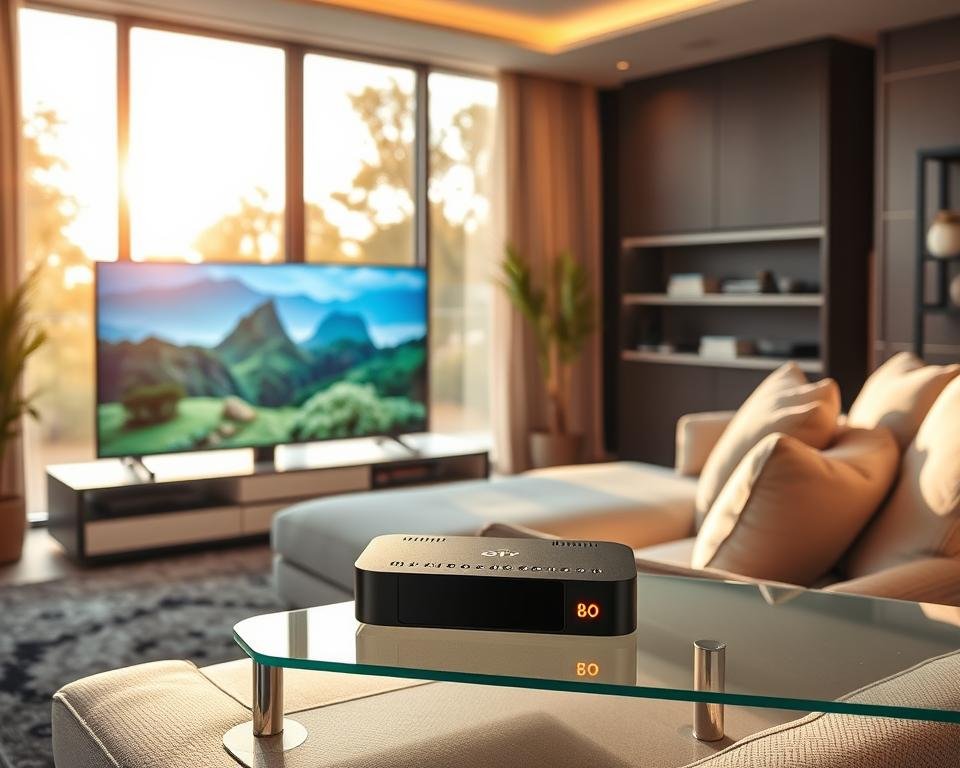 A home entertainment setup showcasing high-quality IPTV streaming. In the foreground, a stylish modern living room with a sleek flat-screen television displaying vibrant, high-definition images of a nature documentary. A cozy couch is placed at an inviting angle, surrounded by soft cushions, suggesting comfort. In the middle ground, a high-tech streaming device sits on a glass shelf, with glowing LED lights indicating it is in use. In the background, large windows let in warm, golden afternoon sunlight, enhancing the inviting atmosphere. The overall mood is relaxed and modern, conveying a sense of premium viewing experience. The scene should be captured with a wide-angle lens, emphasizing depth and clarity, with soft lighting to create a comfortable ambiance.