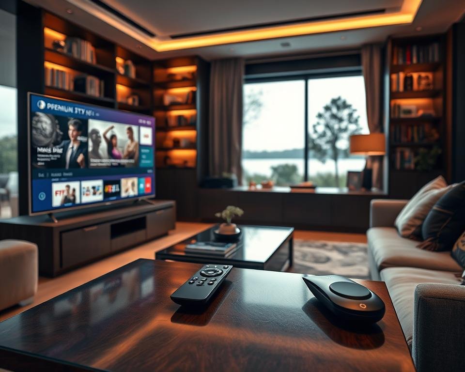 A luxurious living room setting, featuring an elegant sofa and a stylish coffee table adorned with a high-end remote control. In the foreground, a sleek television displays a vibrant screen showcasing various IPTV streaming options, emphasizing premium quality service. The middle layer includes ambient lighting with warm tones that highlight the rich textures of the furniture, creating a cozy yet sophisticated atmosphere. The background features a modern bookshelf filled with well-organized books and decorative items, as well as a large window revealing a serene outdoor view. The mood is inviting and upscale, suggesting a top-tier entertainment experience. The composition captures the essence of premium service in IPTV, with attention to detail and refinement.