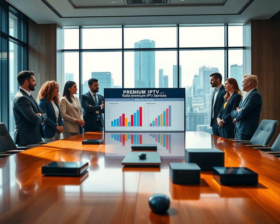 A luxurious office environment showcasing a modern meeting space. In the foreground, a diverse group of business professionals in smart casual attire discuss strategies, using a large digital screen displaying comparative graphs and sleek design elements of premium IPTV services. The middle ground features a glossy wooden conference table with tech gadgets and devices representing IPTV offerings. In the background, large windows reveal a vibrant city skyline under soft natural light, casting a professional yet inviting atmosphere. The image is captured with a slight focus on the group, emphasizing their dynamic interaction, while the overall mood conveys sophistication, innovation, and a competitive edge in a premium service market.