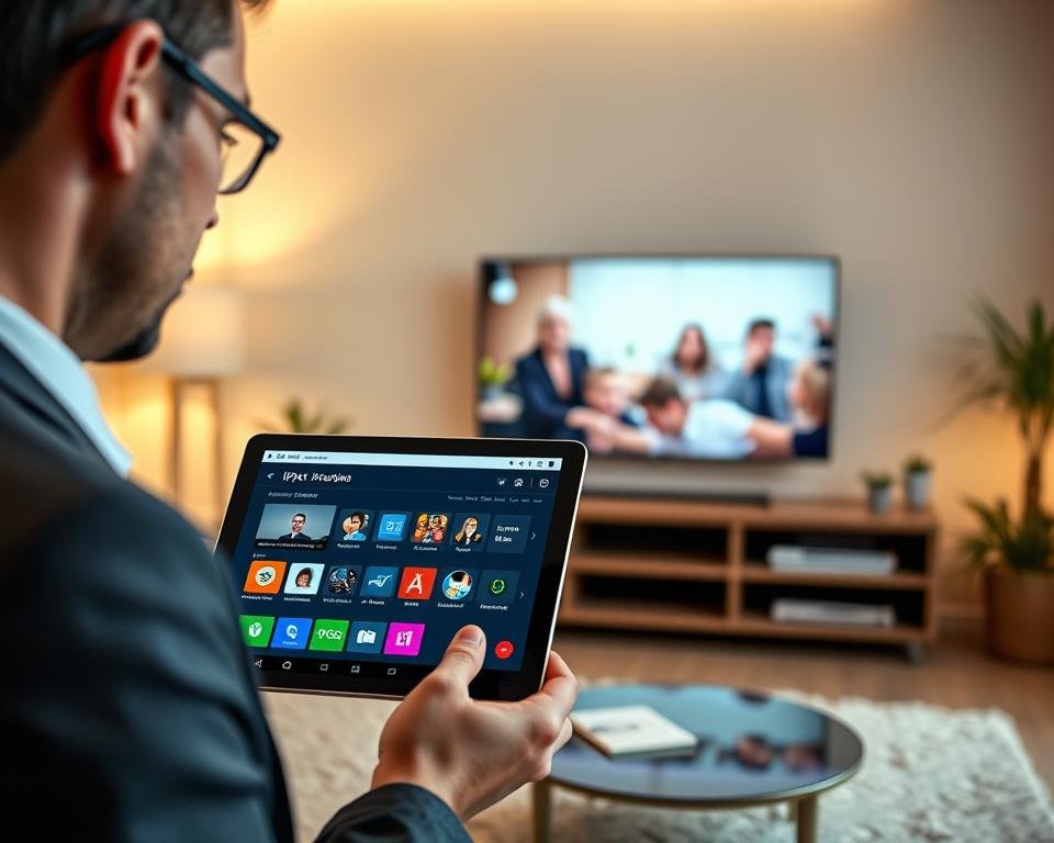 A modern IPTV configuration application interface displayed on a sleek tablet. In the foreground, the tablet is held by a person in professional business attire, showcasing their focused expression while interacting with the app. The middle layer includes a vibrant, intuitive user interface with colorful icons and buttons representing various IPTV features, such as channel selections and settings. In the background, a cozy, well-lit living room setting features a flat-screen TV displaying a lively scene from an IPTV channel, with soft ambient light adding warmth to the atmosphere. The composition creates a tech-savvy, engaging mood, illustrating the ease of configuring and using IPTV Smart Pro.